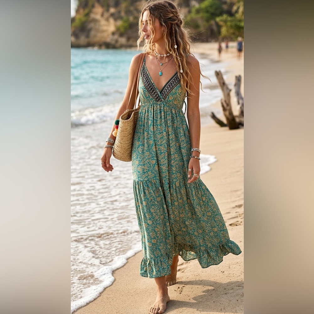 Tropical, Floral Print Slip Dress, Sun Dress, Maxi Dress, Boho Print, Festivals,